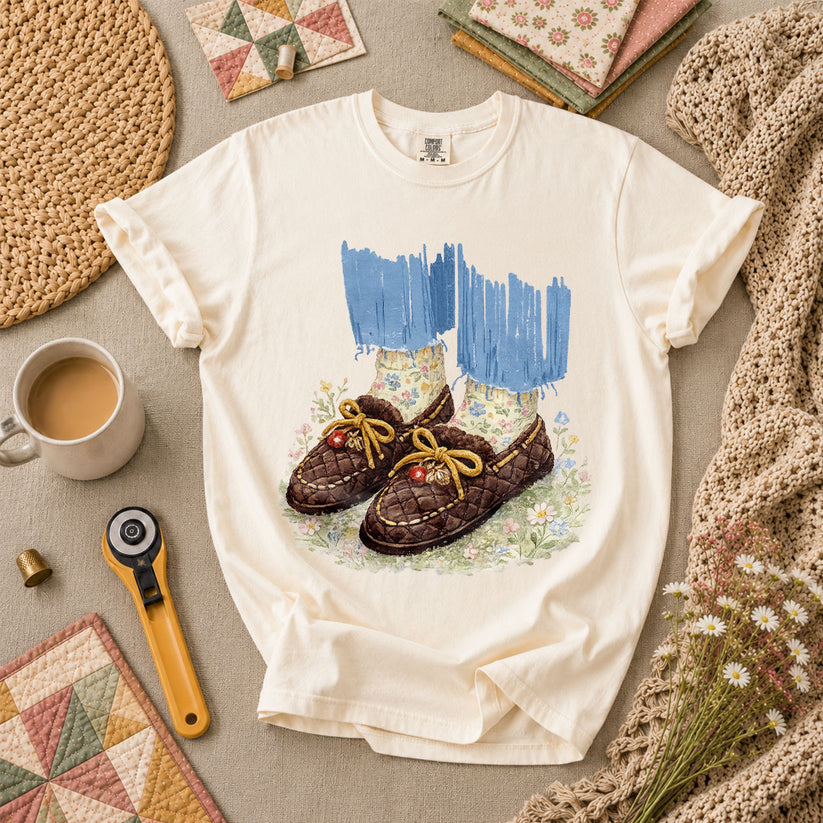 Quilted Moccasin Shoes Floral T-Shirt - Ivory