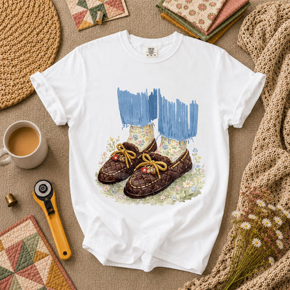 Quilted Moccasin Shoes Floral T-Shirt - White