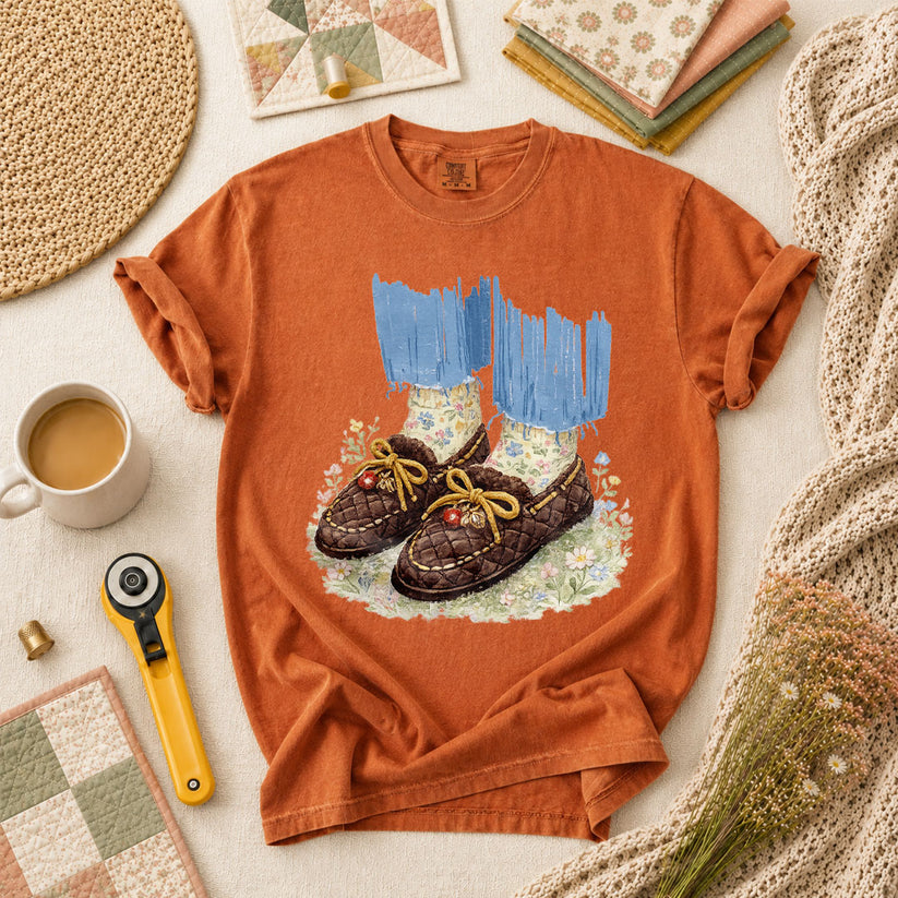 Quilted Moccasin Shoes Floral T-Shirt - Yam