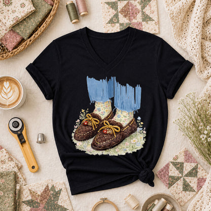 Quilted Moccasin Shoes Floral Women's V-Neck - Black