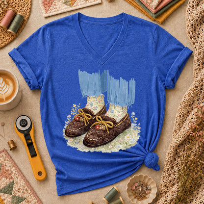 Quilted Moccasin Shoes Floral Women's V-Neck - Heather True Royal