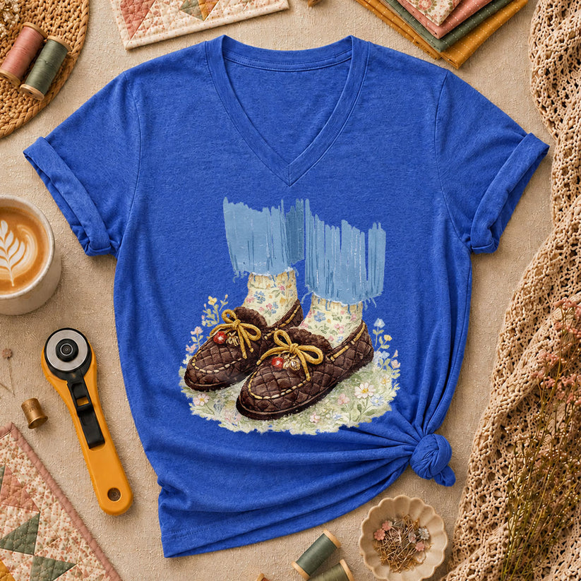 Quilted Moccasin Shoes Floral Women's V-Neck - Heather True Royal