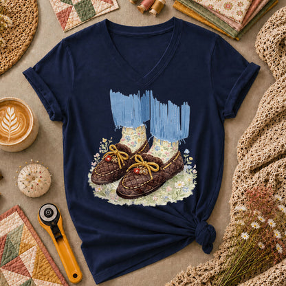 Quilted Moccasin Shoes Floral Women's V-Neck - Navy