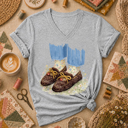 Quilted Moccasin Shoes Floral Women's V-Neck - Sport Grey