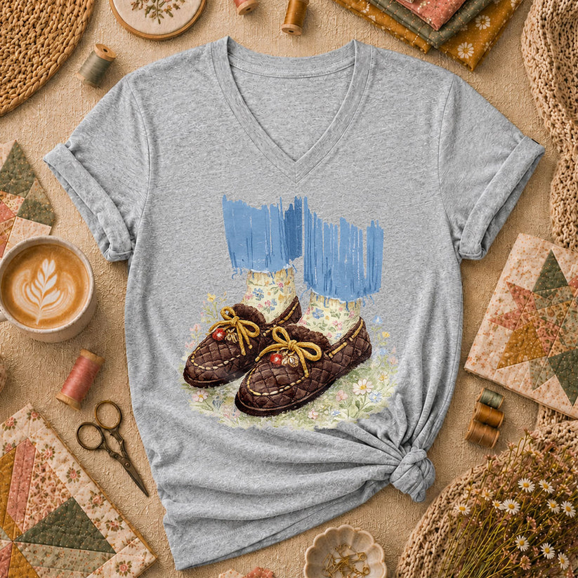 Quilted Moccasin Shoes Floral Women's V-Neck - Sport Grey