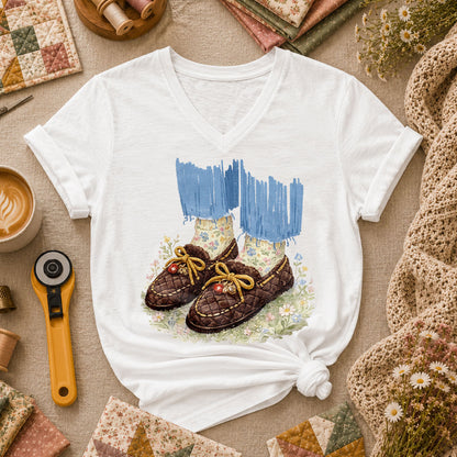 Quilted Moccasin Shoes Floral Women's V-Neck - White