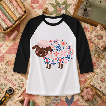 Quilted Sheep Patchwork Stars Cute Raglan Sleeve - Black