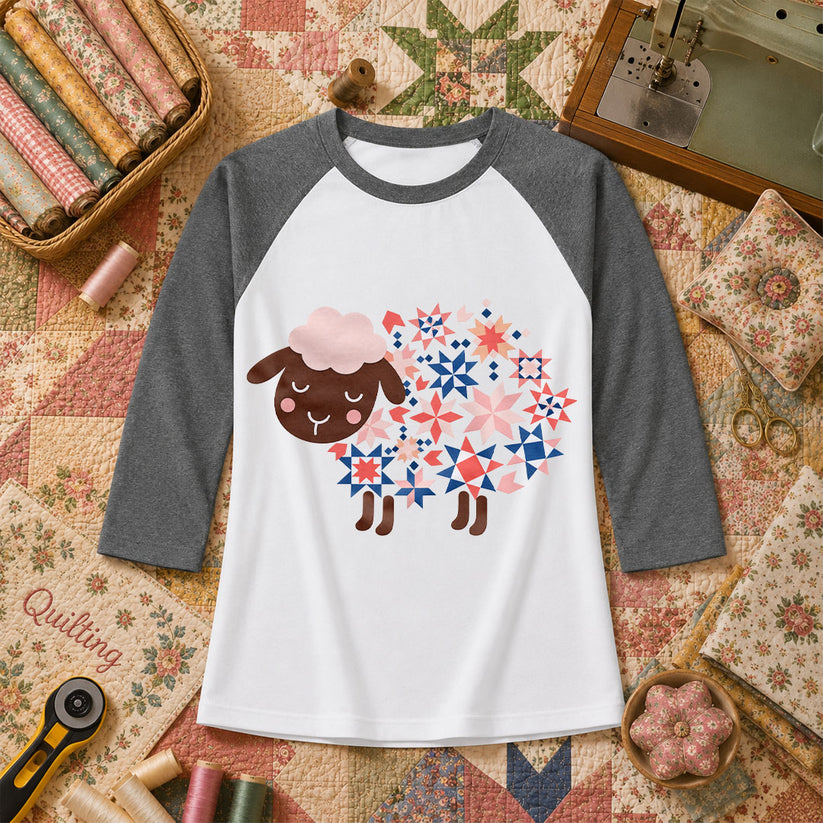 Quilted Sheep Patchwork Stars Cute Raglan Sleeve - Deep Heather