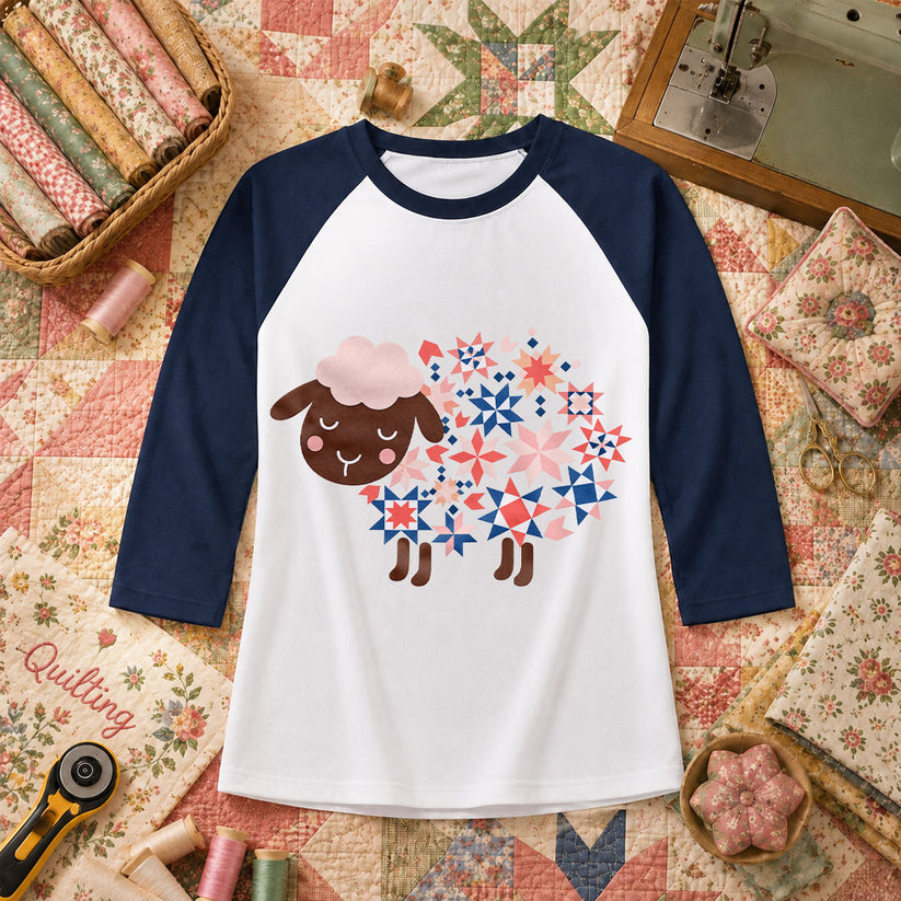 Quilted Sheep Patchwork Stars Cute Raglan Sleeve - Navy