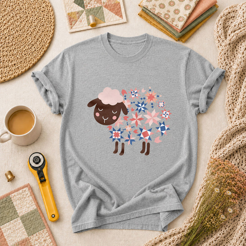 Quilted Sheep Patchwork Stars Cute T-Shirt - Athletic Heather