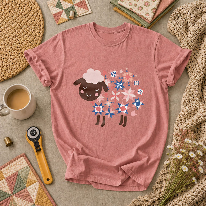 Quilted Sheep Patchwork Stars Cute T-Shirt - Heather Mauve