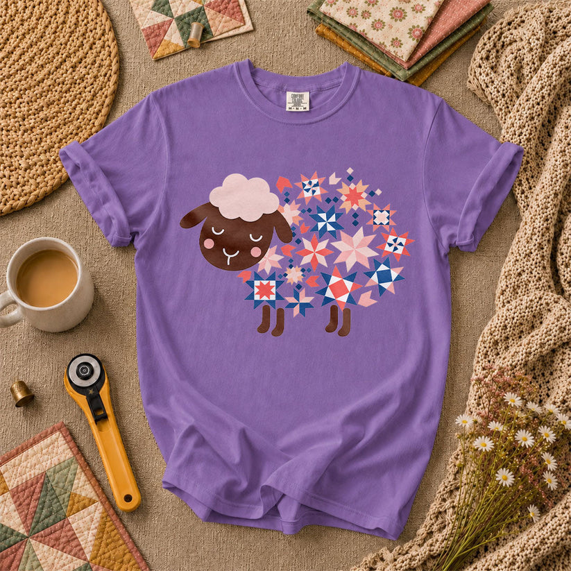 Quilted Sheep Patchwork Stars Cute T-Shirt - Heather Team Purple