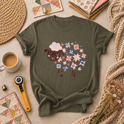 Quilted Sheep Patchwork Stars Cute T-Shirt - Military Green