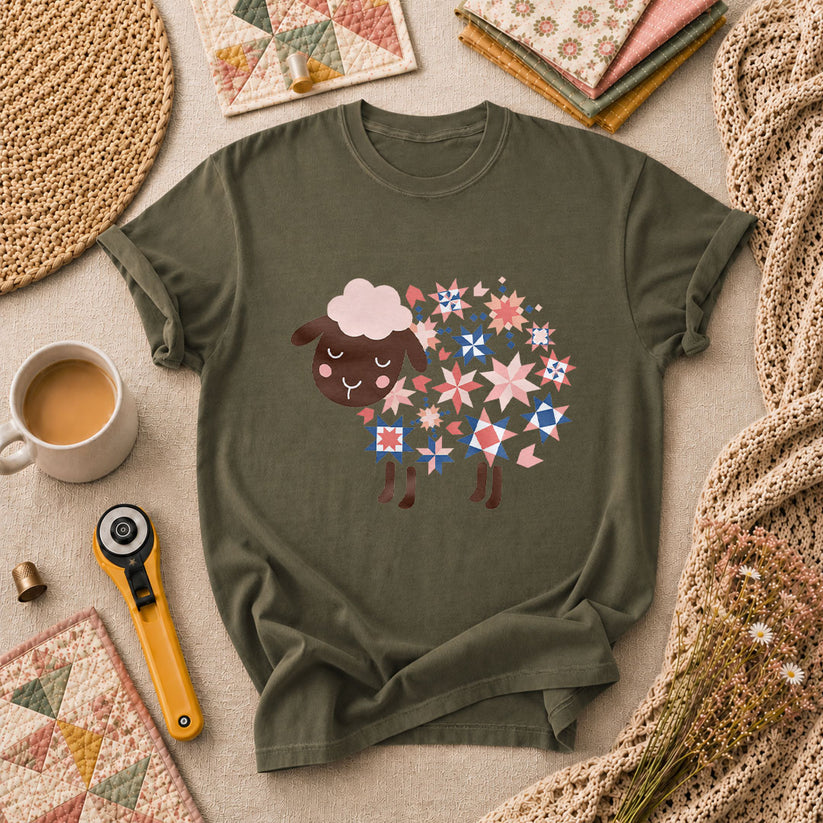 Quilted Sheep Patchwork Stars Cute T-Shirt - Military Green