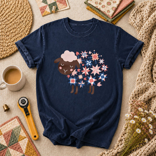Quilted Sheep Patchwork Stars Cute T-Shirt - Navy