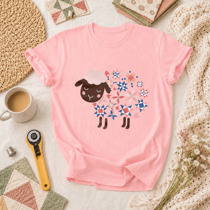 Quilted Sheep Patchwork Stars Cute T-Shirt - Pink