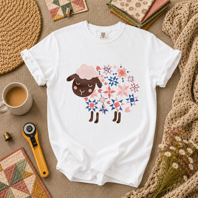 Quilted Sheep Patchwork Stars Cute T-Shirt - White
