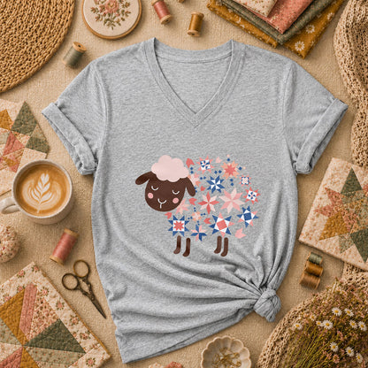 Quilted Sheep Patchwork Stars Cute Women's V-Neck - Athletic Heather