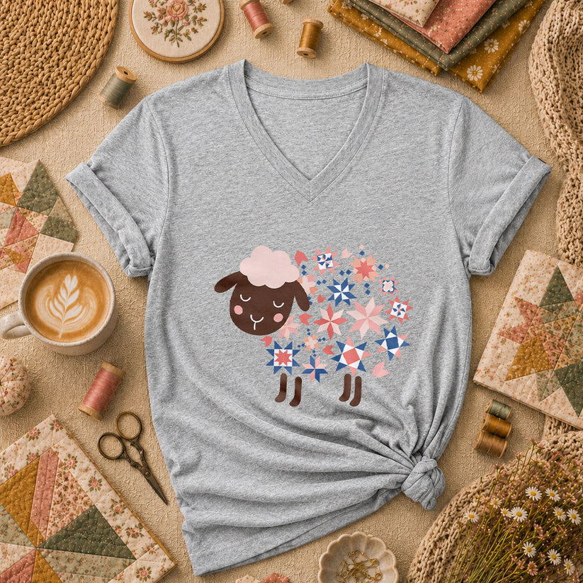 Quilted Sheep Patchwork Stars Cute Women's V-Neck - Athletic Heather