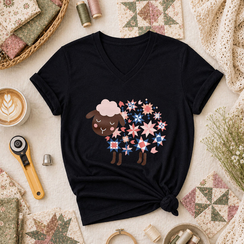 Quilted Sheep Patchwork Stars Cute Women's V-Neck - Black