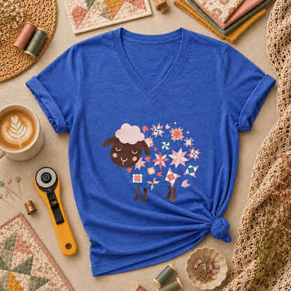 Quilted Sheep Patchwork Stars Cute Women's V-Neck - Heather True Royal