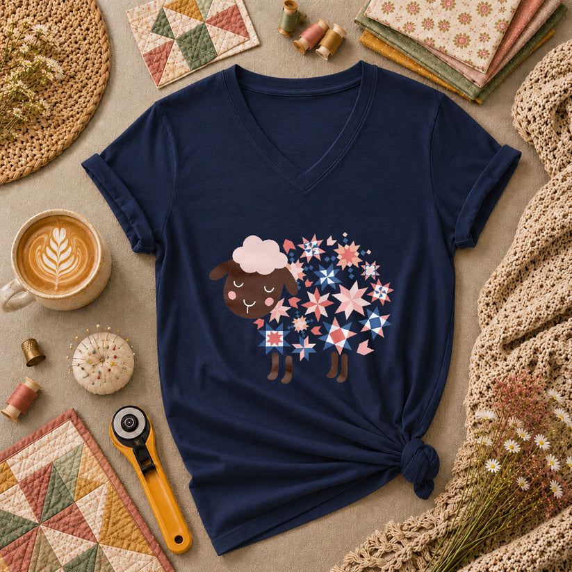 Quilted Sheep Patchwork Stars Cute Women's V-Neck - Navy