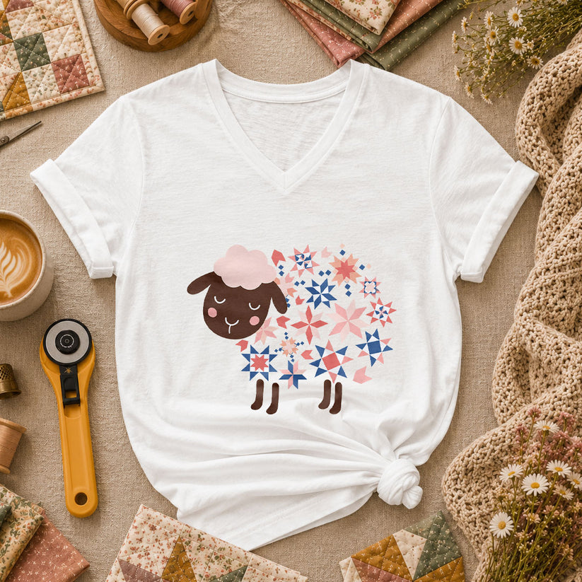 Quilted Sheep Patchwork Stars Cute Women's V-Neck - White