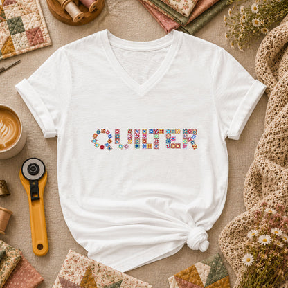 Quilter Cross Stitch Women's V-Neck - White