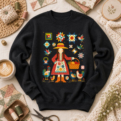 Quilter Girl With Chickens And Blocks Long Sleeve - Black