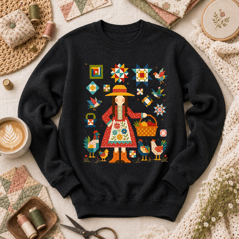 Quilter Girl With Chickens And Blocks Long Sleeve - Black