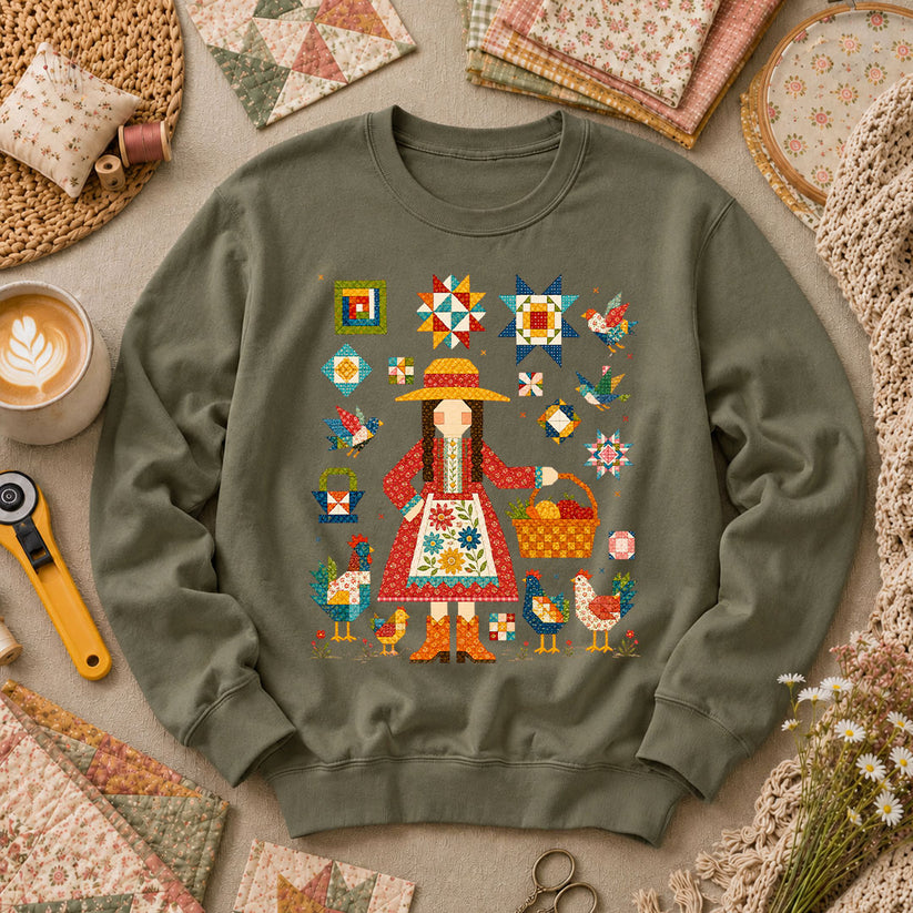 Quilter Girl With Chickens And Blocks Long Sleeve - Military Green