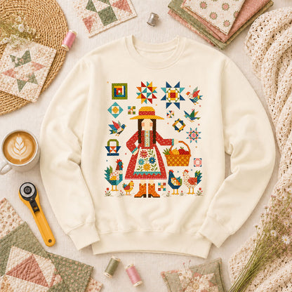 Quilter Girl With Chickens And Blocks Long Sleeve - Natural