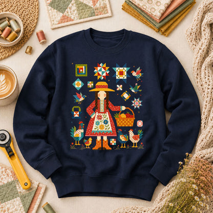Quilter Girl With Chickens And Blocks Long Sleeve - Navy