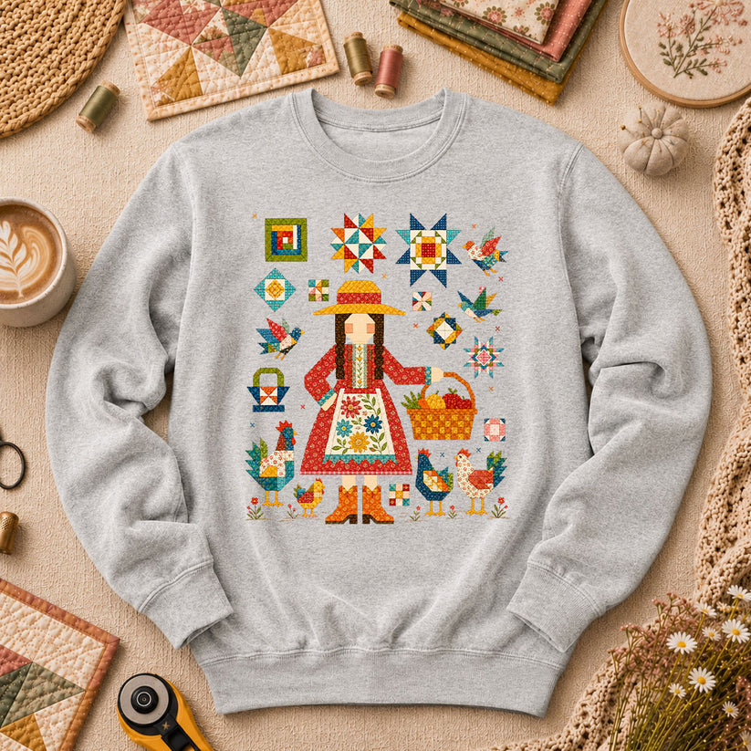 Quilter Girl With Chickens And Blocks Long Sleeve - Sport Grey