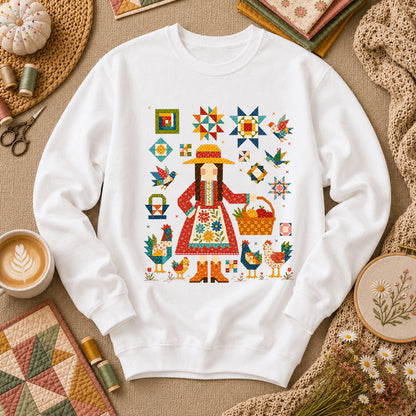 Quilter Girl With Chickens And Blocks Long Sleeve - White