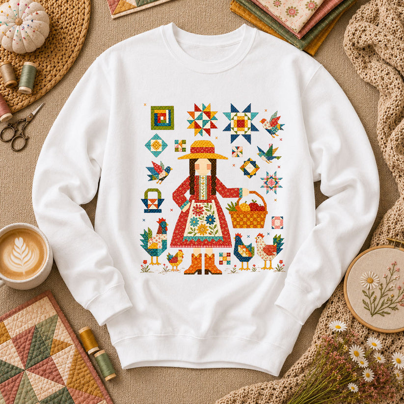 Quilter Girl With Chickens And Blocks Long Sleeve - White