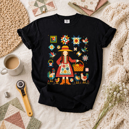 Quilter Girl With Chickens And Blocks T-Shirt - Black