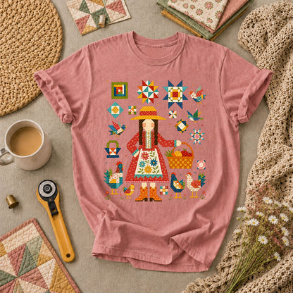 Quilter Girl With Chickens And Blocks T-Shirt - Heather Mauve