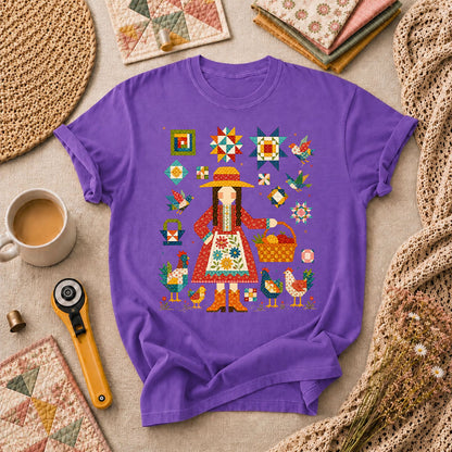 Quilter Girl With Chickens And Blocks T-Shirt - Heather Team Purple