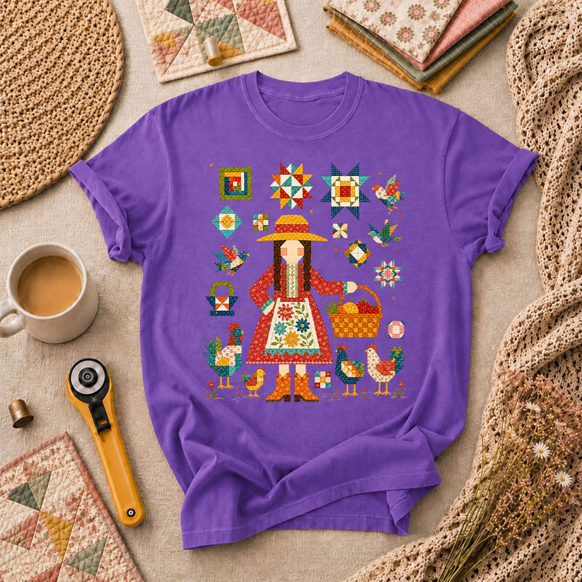 Quilter Girl With Chickens And Blocks T-Shirt - Heather Team Purple