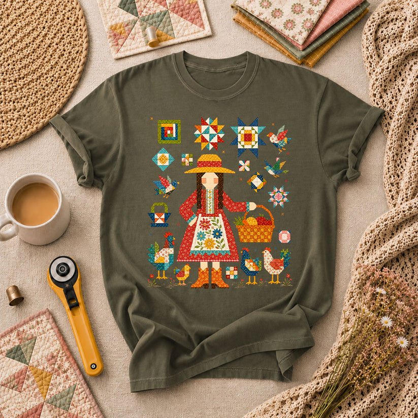 Quilter Girl With Chickens And Blocks T-Shirt - Military Green