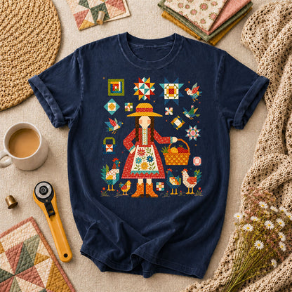 Quilter Girl With Chickens And Blocks T-Shirt - Navy