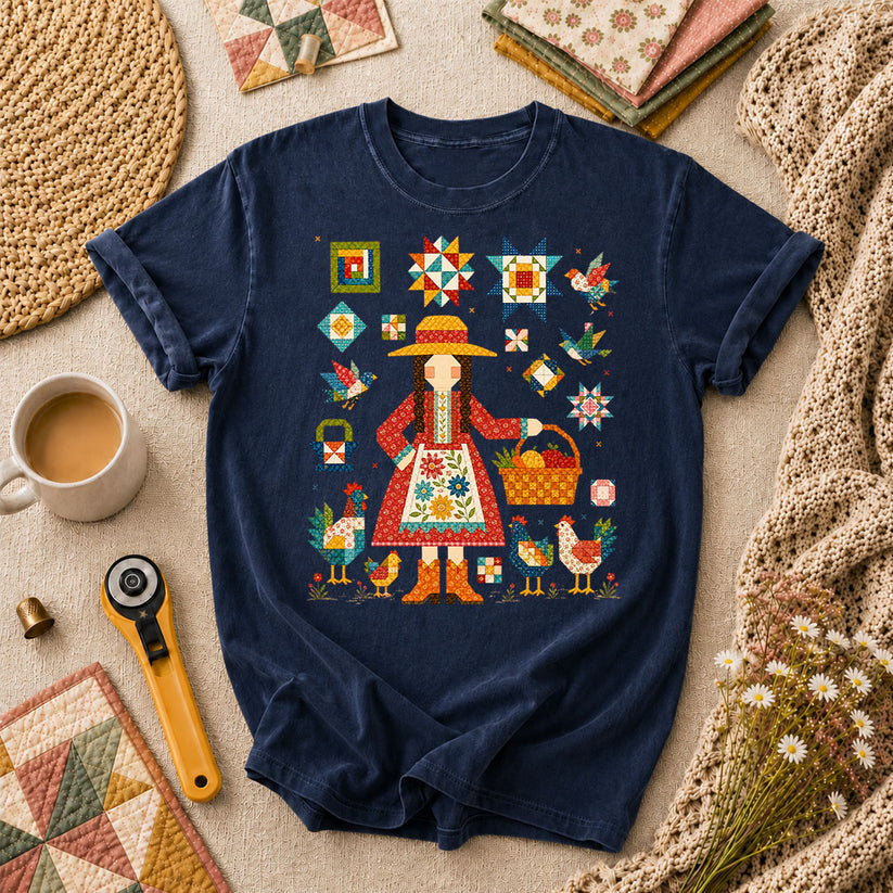Quilter Girl With Chickens And Blocks T-Shirt - Navy