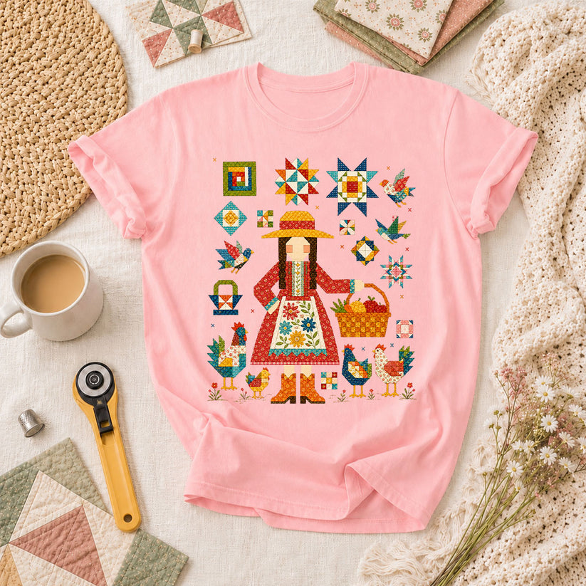 Quilter Girl With Chickens And Blocks T-Shirt - Pink
