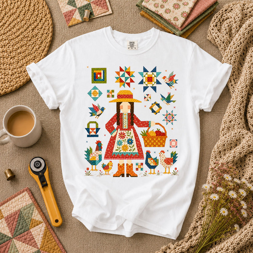 Quilter Girl With Chickens And Blocks T-Shirt - White