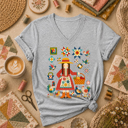 Quilter Girl With Chickens And Blocks Women's V-Neck - Athletic Heather