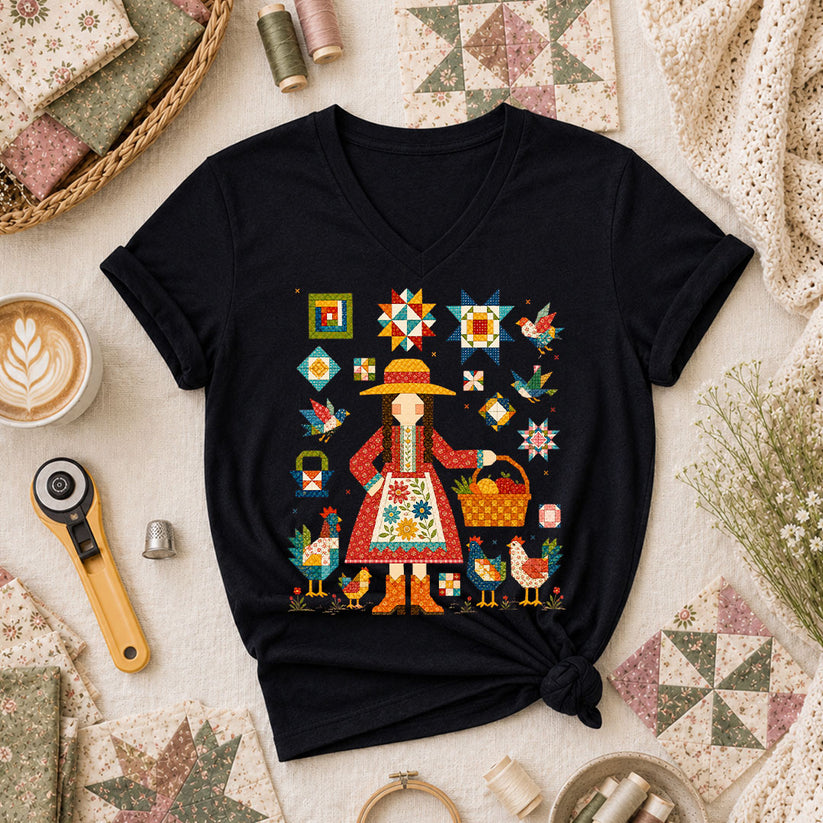 Quilter Girl With Chickens And Blocks Women's V-Neck - Black