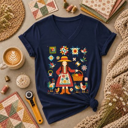 Quilter Girl With Chickens And Blocks Women's V-Neck - Navy