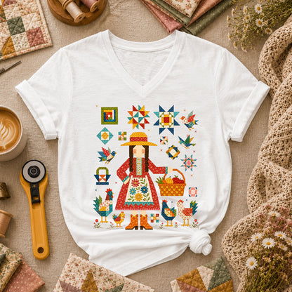 Quilter Girl With Chickens And Blocks Women's V-Neck - White