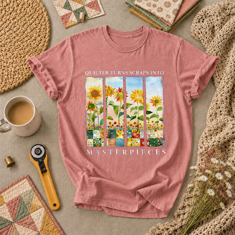Quilter Turns Scraps Into Masterpieces Sunflowers T-Shirt - Heather Mauve